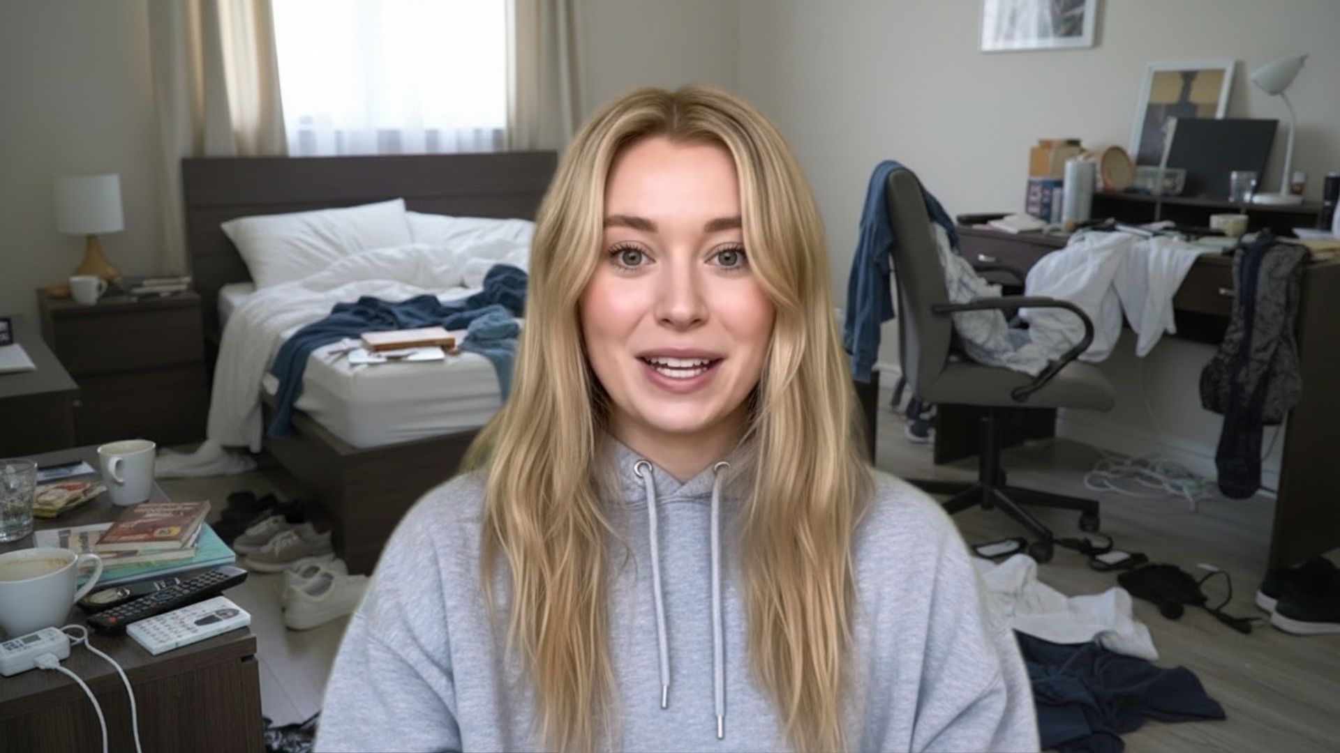 Cluttered home office background - unprofessional setup