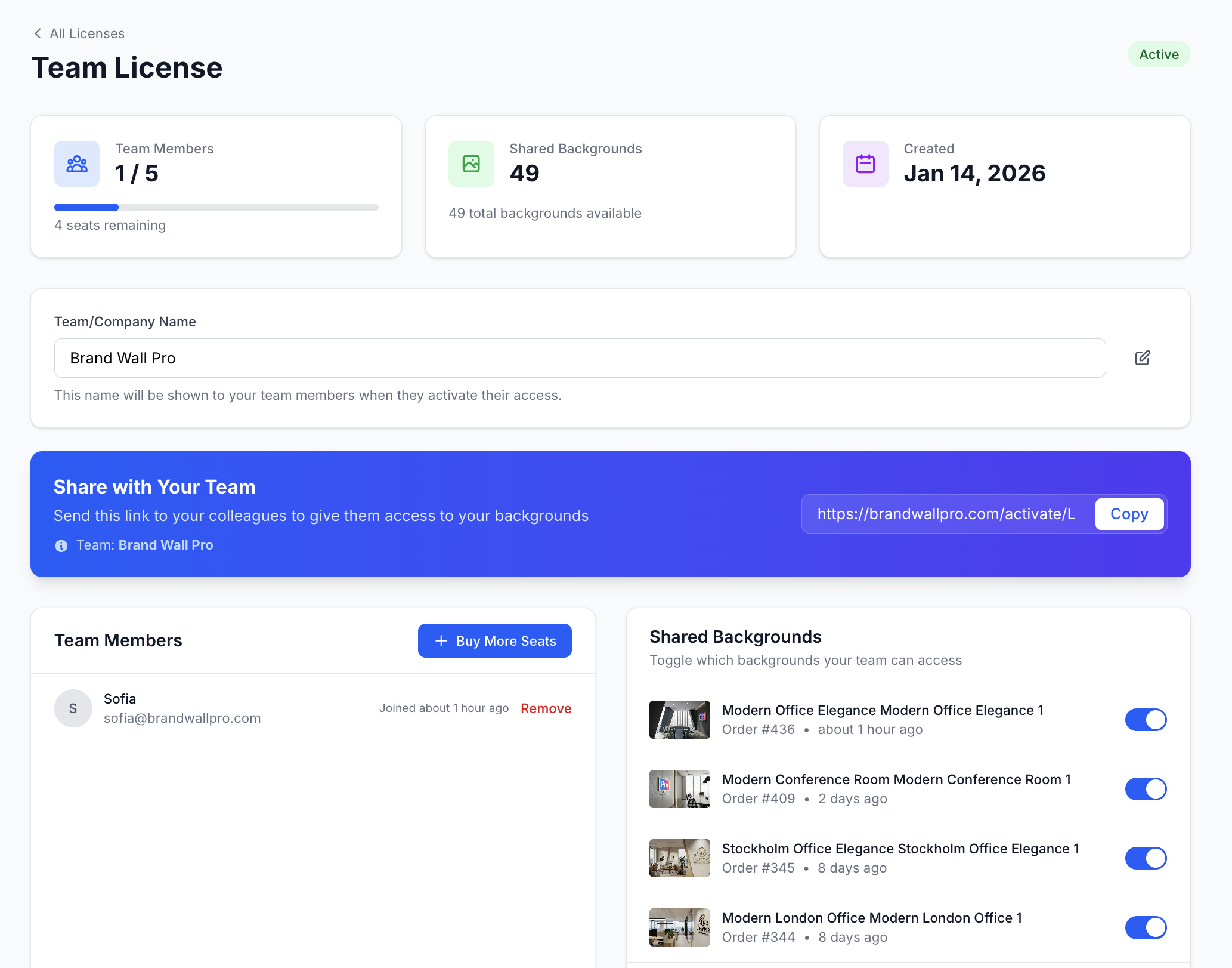 Team License Admin Dashboard - Complete control over team members, shared backgrounds, and license management